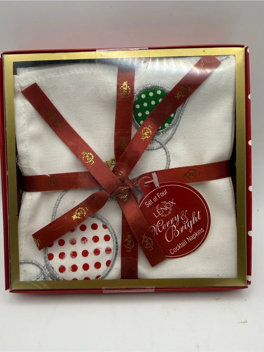 Lenox Merry & Bright White Cocktail Napkins - Red & Green Polka Dot 2 Sets of 4